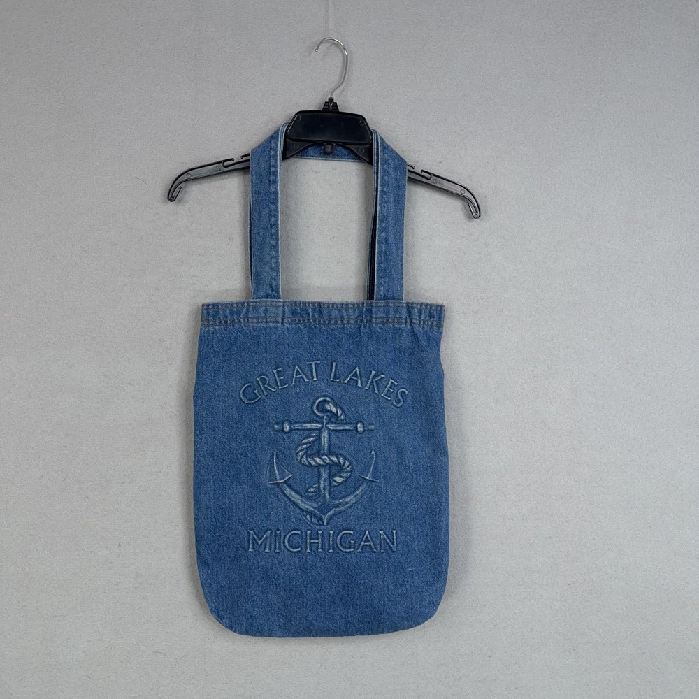 Vintage Great Lakes Michigan Tote Bag Adult Blue Denim Shoulder Anchor Nautical